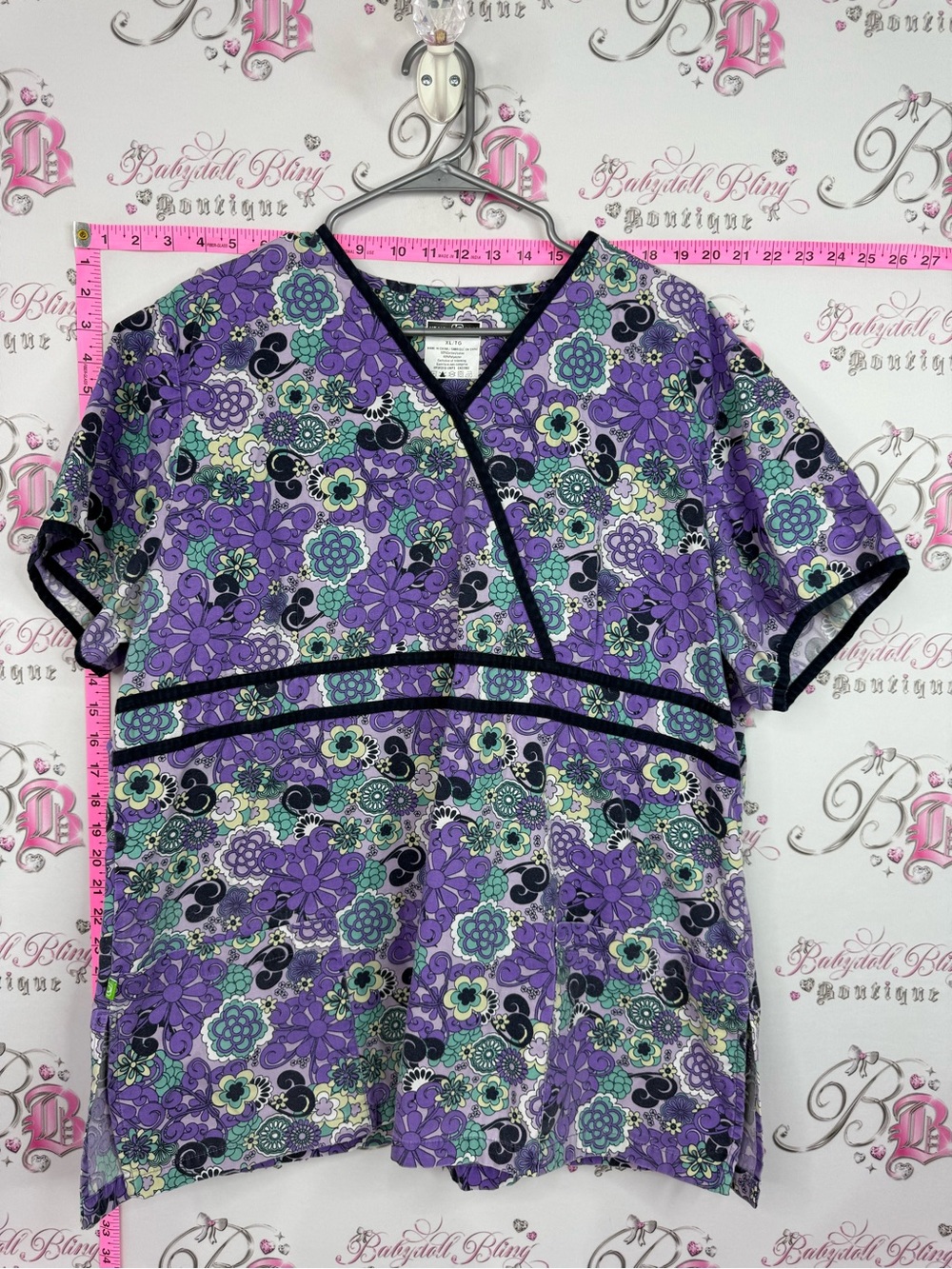 Health pro scrubs top flowers Purple Floral Scrub Top with Black Trim